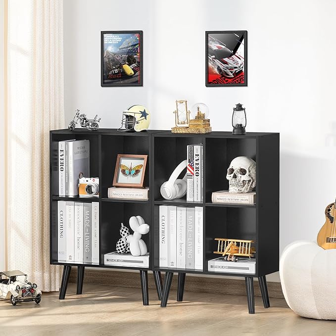 YAHARBO 4 Cube Black Bookshelf, Small Black Narrow Book shelf, 3 Tier Modern Bookcase with Legs,Bookshelves Wood Storage Shelf, Rustic Book Shelves Cube Organizer, Display Bookcase - LeafyLoom