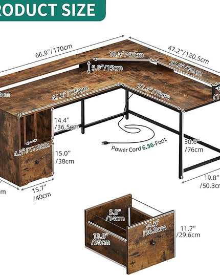 YITAHOME L Shaped Desk with Power Outlets & LED Lights, 67" Computer Desk with File Drawer, Corner Desk Home Office Desk with Monitor Stand & 3 Cubbies Storage Shelves, Rustic Brown - LeafyLoom