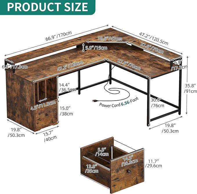 YITAHOME L Shaped Desk with Power Outlets & LED Lights, 67" Computer Desk with File Drawer, Corner Desk Home Office Desk with Monitor Stand & 3 Cubbies Storage Shelves, Rustic Brown - LeafyLoom