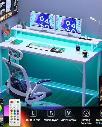 55 inch Computer Desk with Power Outlets, Office Desk Gaming desk with LED Lights, Home Office Desk with Monitor Shelf, Modern Work Desk Study Writing Table for Bedroom, White - LeafyLoom
