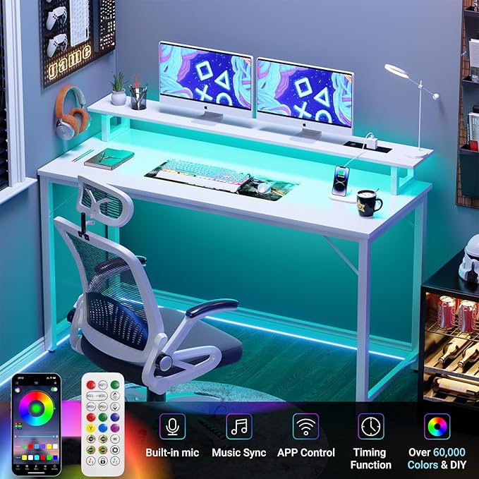 55 inch Computer Desk with Power Outlets, Office Desk Gaming desk with LED Lights, Home Office Desk with Monitor Shelf, Modern Work Desk Study Writing Table for Bedroom, White - LeafyLoom