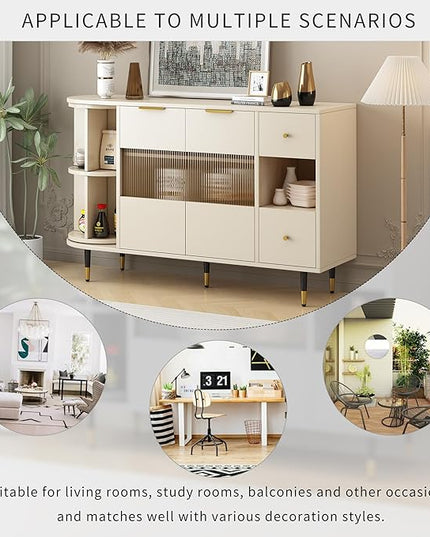 51.1" Rotating Storage Cabinet Sideboard with 2 of Tempered Changhong Glass and 2 Drawers,Wooden Console Table,w/Built-in Shelves & Turntable,for Living Room,Beige - LeafyLoom