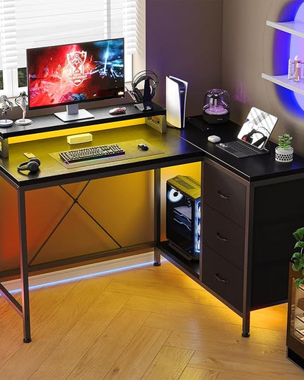 L Shaped Desk with Power Outlets & LED Lights, Computer Desk with Drawers & Shelves, Corner Desk Gaming Desk Home Office Desk, Black - LeafyLoom