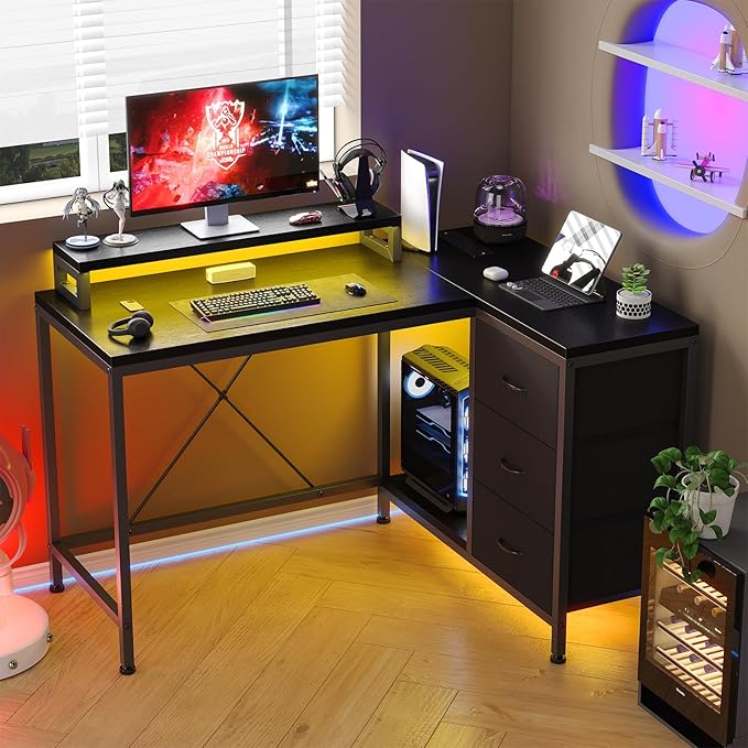 L Shaped Desk with Power Outlets & LED Lights, Computer Desk with Drawers & Shelves, Corner Desk Gaming Desk Home Office Desk, Black - LeafyLoom