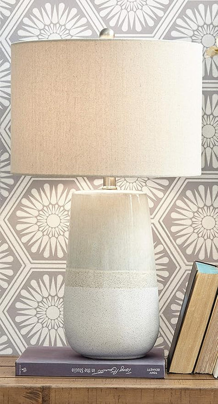 Signature Design by Ashley Shavon Contemporary 27" Textured Neutral Glaze Table Lamp, Beige & White - LeafyLoom