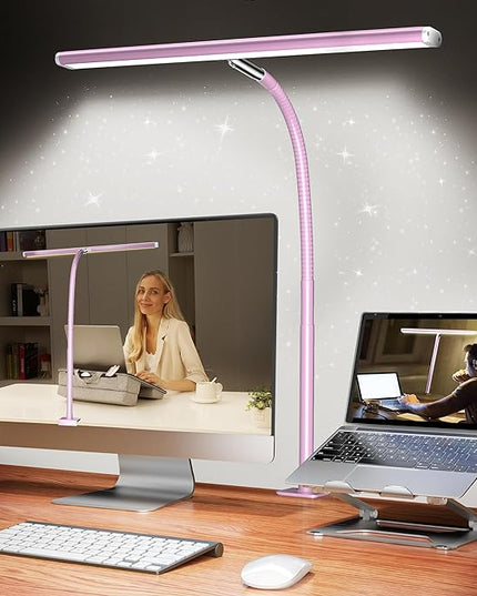 LED Desk Lamp for Office Home, Eye-Caring Desk Light with Stepless Dimming Adjustable Flexible Gooseneck, 10W USB Adapter Desk Lamp with Clamp for Reading, Study, Workbench (Pink) - LeafyLoom