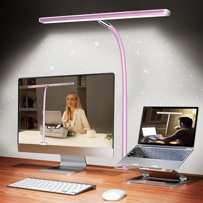 LED Desk Lamp for Office Home, Eye-Caring Desk Light with Stepless Dimming Adjustable Flexible Gooseneck, 10W USB Adapter Desk Lamp with Clamp for Reading, Study, Workbench (Pink) - LeafyLoom