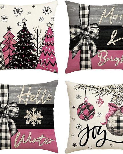 AVOIN colorlife Merry Christmas Joy Xmas Trees Pink Throw Pillow Covers, 18 x 18 Inch Christmas Winter Holiday Cushion Case Decoration for Sofa Couch Set of 4 AVOINcolorlife