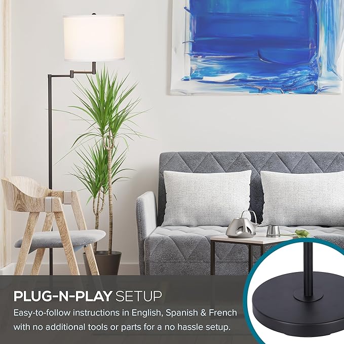 Catalina Lighting 24288-000 Traditional Swing Arm Floor Lamp for Office, Living Room, Dorm or Bedroom, Smart Home Compatible, Bulb Not Included, 60", Black - LeafyLoom