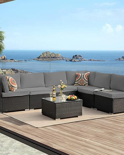 ClawsCover 14Pack Outdoor Patio Seat and Back Cushions Replacement Covers Fit for 7Pieces 6-Seater Wicker Rattan Sectional Couch Chair Furniture Set,Dark Grey-Include Cover Only (Large) - LeafyLoom