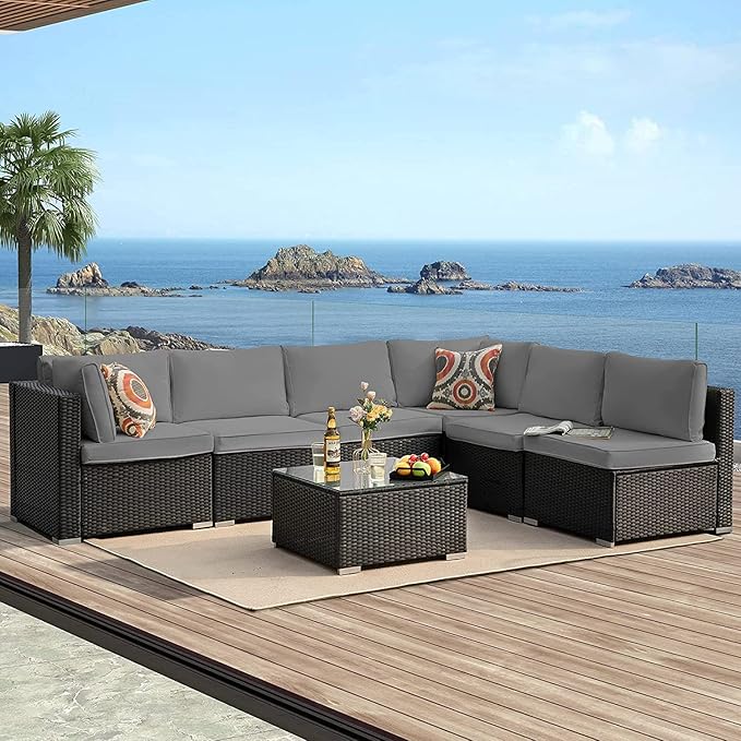 ClawsCover 14Pack Outdoor Patio Seat and Back Cushions Replacement Covers Fit for 7Pieces 6-Seater Wicker Rattan Sectional Couch Chair Furniture Set,Dark Grey-Include Cover Only (Large) - LeafyLoom