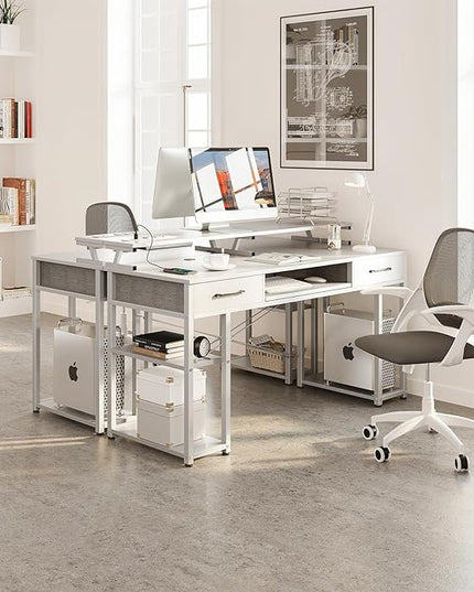 ODK Computer Desk with Drawers & Power Outlet, 48 Inch Office Desk with Keyboard Tray & Storage Shelves & PC Stand, Office Table Work Desk with Monitor Stand, White - LeafyLoom