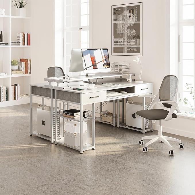 ODK Computer Desk with Drawers & Power Outlet, 48 Inch Office Desk with Keyboard Tray & Storage Shelves & PC Stand, Office Table Work Desk with Monitor Stand, White - LeafyLoom