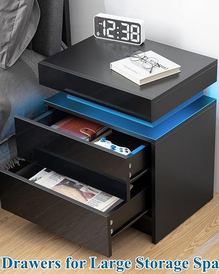 HOMMPA LED Nightstand Black Nightstand with Led Lights Modern Night Stand with 2 High Gloss Drawers Led Bedside Table Smart Nightstand for Bedroom 20.5” Tall - LeafyLoom