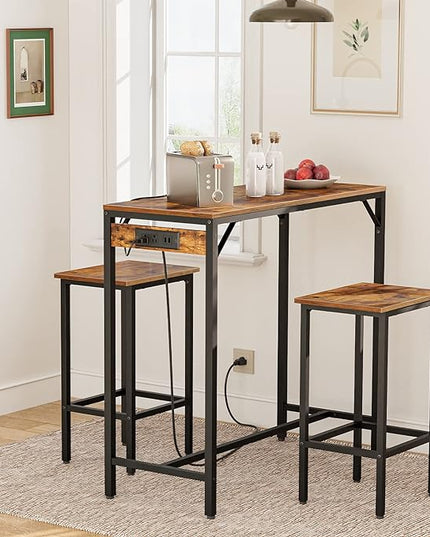 HOOBRO Bar Table Set with Power Outlet, 39.4“ Bar Table and Chairs Set, 3-Piece Pub Table Set for Small Space, Kitchen Bar Height Table with Stools of 2, Easy to Assemble, Rustic Brown BF45UBT01 - LeafyLoom