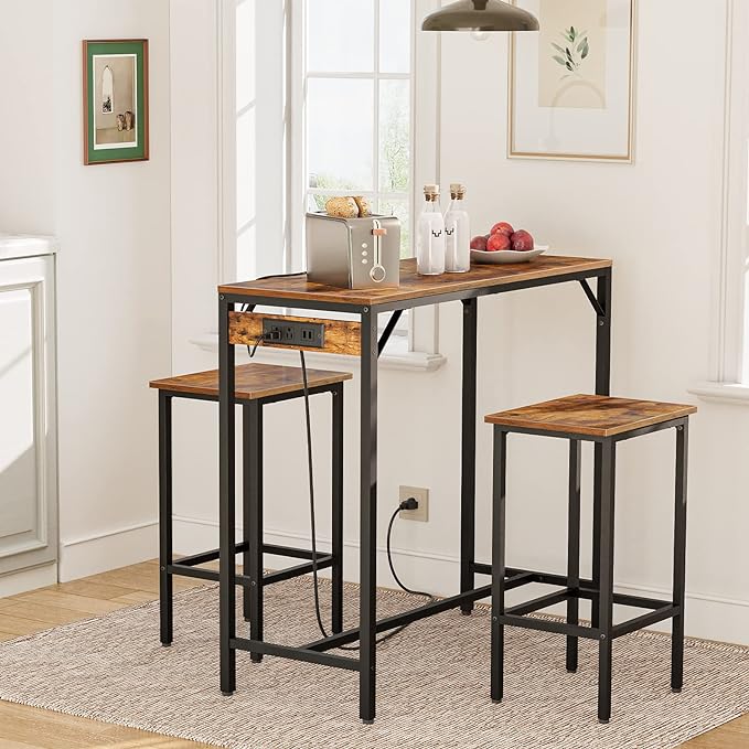 HOOBRO Bar Table Set with Power Outlet, 39.4“ Bar Table and Chairs Set, 3-Piece Pub Table Set for Small Space, Kitchen Bar Height Table with Stools of 2, Easy to Assemble, Rustic Brown BF45UBT01 - LeafyLoom