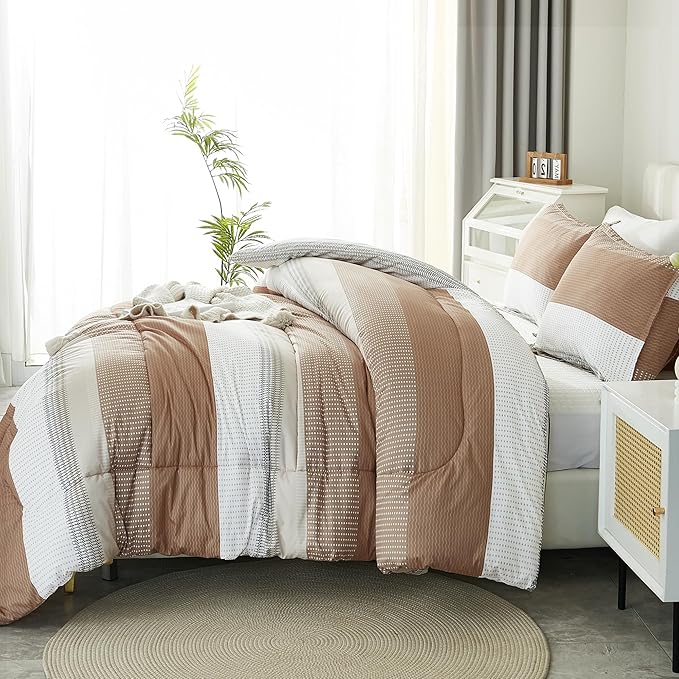Litanika Beige California King Comforter Set, 3 Pieces Cal King Lightweight Taupe Khaki White Colorblock Stripe Bedding Comforter Sets, Fluffy Bed Set - LeafyLoom