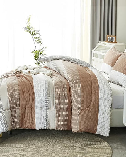 Litanika Beige King Size Comforter Set - 3 Pieces Lightweight Taupe Khaki White Colorblock Stripe Fluffy Bedding Comforter Sets, All Season Bed Set - LeafyLoom