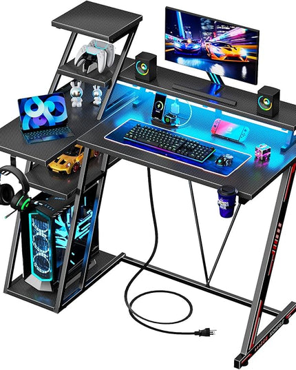 L Shaped Gaming Desk with LED Lights & Power Outlet, 39 Inch Computer Desk with Extra Storage Shelves, Reversible Gamer Workstations with Monitor Stand for Bedroom, Carbon Fiber Black - LeafyLoom