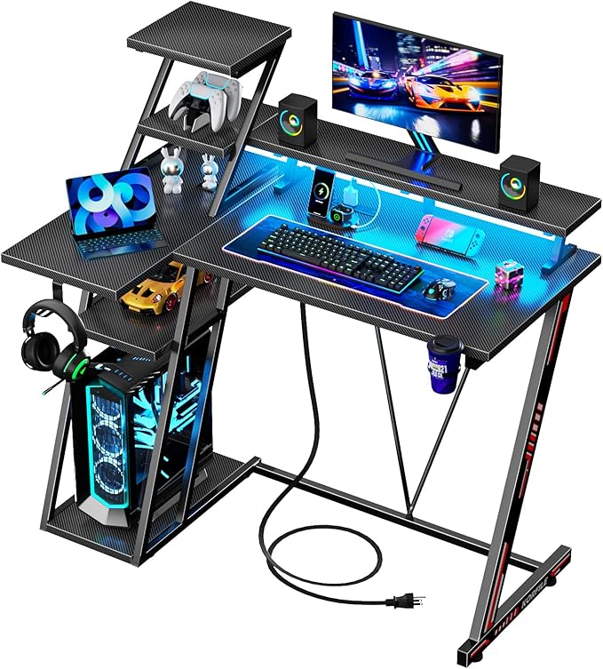 L Shaped Gaming Desk with LED Lights & Power Outlet, 39 Inch Computer Desk with Extra Storage Shelves, Reversible Gamer Workstations with Monitor Stand for Bedroom, Carbon Fiber Black - LeafyLoom