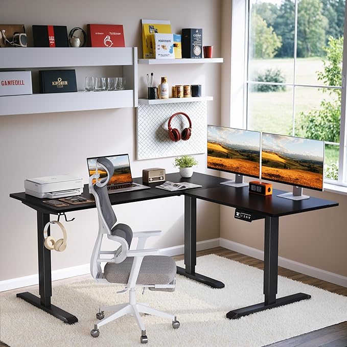 L-Shaped Electric Standing Desk, 63 x 55 Inches Height Adjustable Coner Table, Home Office Computer Workstation, Black, 63 x 55 Inch - LeafyLoom