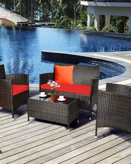 Goplus 4-Piece Rattan Patio Set, Outdoor/Indoor Wicker Conversation Set for Pool, Backyard, Lawn, Wicker Chairs and Sofa with Soft Cushion, Rattan Furniture with Tempered Glass Coffee Table - LeafyLoom