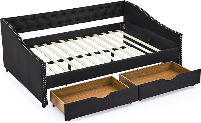 Full Size Daybed with 2 Drawers, Upholstered Tufted Day Bed, with Button Back and Waved Shape Arms, Wood Slat Support, No Spring Box Need, for Bedroom, Livingroom - LeafyLoom