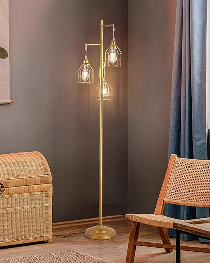 9MMML Golden Dimmable Floor Lamp,Industrial Gold Farmhouse Tall Standing Lamp for Living Room, Bedroom Office,3 Teardrop Cage Lampshade,3 LED Bulbs Inculded, 68'' Tall - LeafyLoom