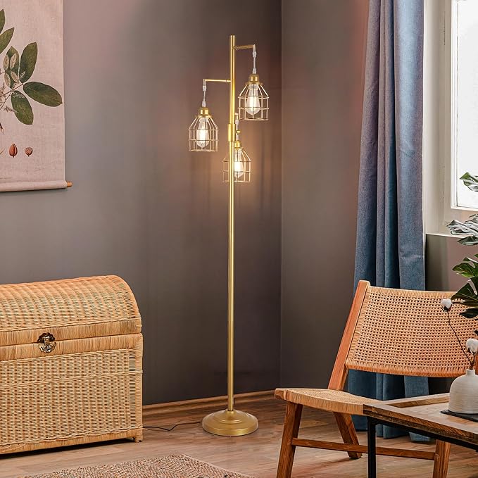 9MMML Golden Dimmable Floor Lamp,Industrial Gold Farmhouse Tall Standing Lamp for Living Room, Bedroom Office,3 Teardrop Cage Lampshade,3 LED Bulbs Inculded, 68'' Tall - LeafyLoom