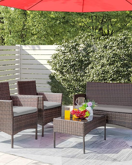 Greesum Patio Furniture 4 Pieces Conversation Sets Outdoor Wicker Rattan Chairs Garden Backyard Balcony Porch Poolside loveseat with Soft Cushion and Glass Table, Brown and Gray - LeafyLoom