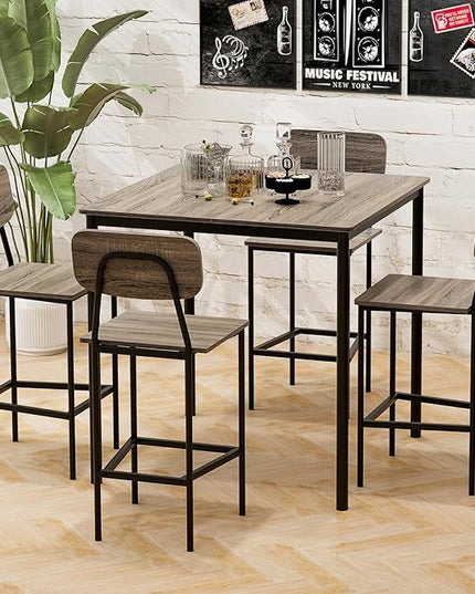 GOFLAME 5-Piece Dining Table Set for Small Space, Kitchen Table and Chairs Set for 4 with Steel Frame, Square Breakfast Table Set, Industrial Counter Height Table Set for Home Restaurant, Grey Oak - LeafyLoom
