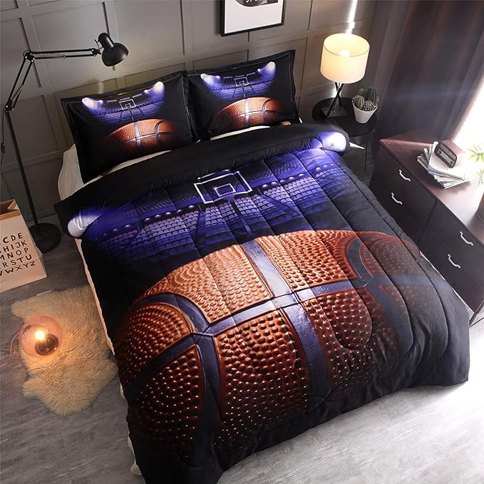 Btargot Basketball Comforter Sets Full for Boys Teens,3D Sports Basketball Bedding,Soft Microfiber Reversible Quilt with 2 Matching Pillow Shams - LeafyLoom