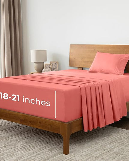 Mellanni Extra Deep Twin Sheets - 3 PC Iconic Collection Bedding Sheets & Pillowcases - Hotel Luxury, Ultra Soft, Cooling Bed Sheets - Extra Deep Pocket up to 21 inch (Twin, Coral) - LeafyLoom