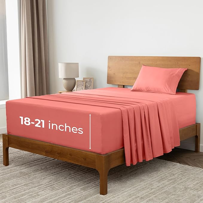 Mellanni Extra Deep Twin Sheets - 3 PC Iconic Collection Bedding Sheets & Pillowcases - Hotel Luxury, Ultra Soft, Cooling Bed Sheets - Extra Deep Pocket up to 21 inch (Twin, Coral) - LeafyLoom