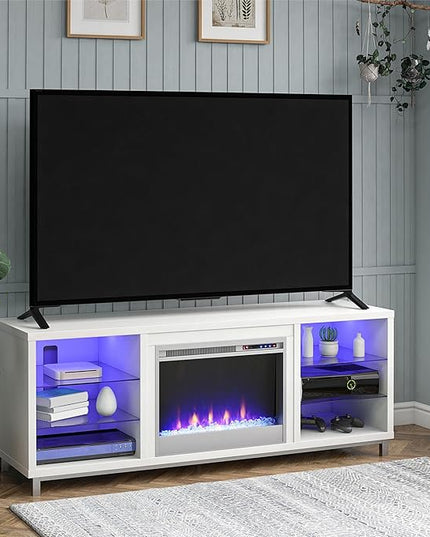Ameriwood Home Lumina Fireplace TV Stand for TVs up to 70 Inch, Replaceable Electric Fireplace Insert Heater, Remote Control, Timer, Color Changing LED Lights, Crystal Ember Flames, White - LeafyLoom