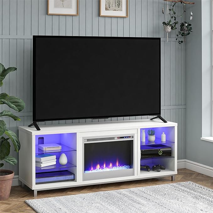 Ameriwood Home Lumina Fireplace TV Stand for TVs up to 70 Inch, Replaceable Electric Fireplace Insert Heater, Remote Control, Timer, Color Changing LED Lights, Crystal Ember Flames, White - LeafyLoom