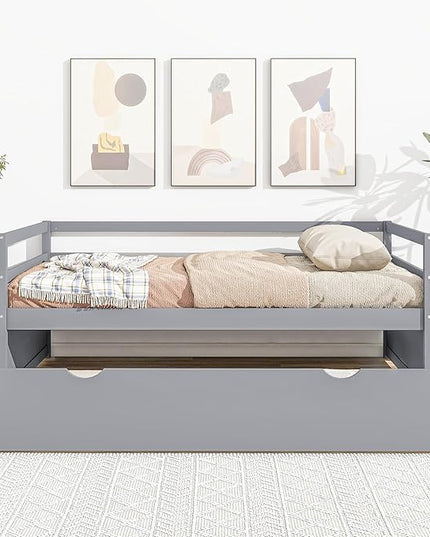 Twin Size Daybed with 2 Trundle,Multifunction Solid Wood Bed Frame,W/Wooden Slat Support,No Box Spring Needed,for Bedroom Apartment,Guest room,Gray - LeafyLoom
