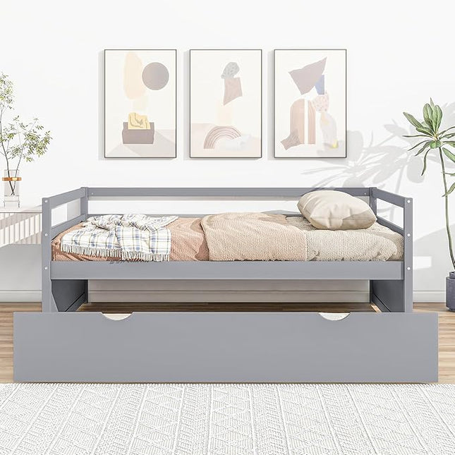 Twin Size Daybed with 2 Trundle,Multifunction Solid Wood Bed Frame,W/Wooden Slat Support,No Box Spring Needed,for Bedroom Apartment,Guest room,Gray - LeafyLoom