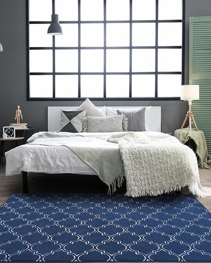 Chicrug Shag Geometric Modern Area Rug for Bedroom, 6x9 Feet Memory Foam Indoor Carpet, Fluffy Rug for Living Room Bedside Room Decor for Family Girls Kids Nursery Play Mat, Navy/White - LeafyLoom