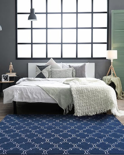 Chicrug Shag Geometric Modern Area Rug for Living Room, 7x10 Feet Large Memory Foam Indoor Carpet, Fluffy Rug for Bedroom Bedside Room Decor for Family Girls Kids Nursery, Navy/White - LeafyLoom