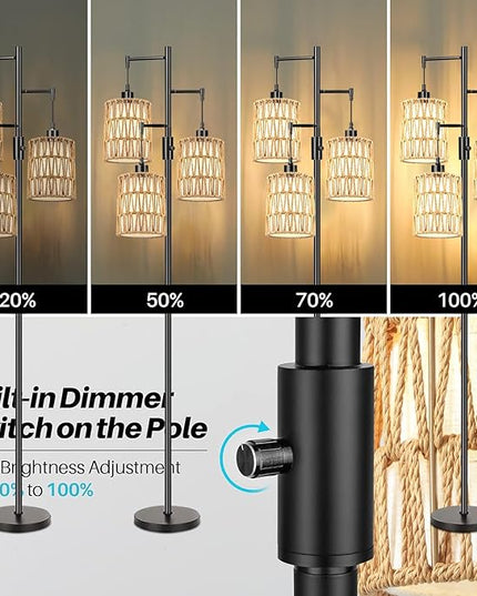 Dimmable Floor Lamp for Living Room with 3 Rattan Boho Shades,Farmhouse Floor Lamps with Three Led Bulb, Boho Rustic Standing Lamp Black Tree Tall Floor Pole Lamp for Living Bedroom,Office,Corner - LeafyLoom