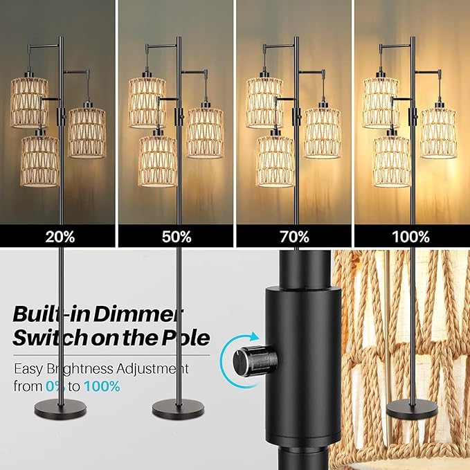 Dimmable Floor Lamp for Living Room with 3 Rattan Boho Shades,Farmhouse Floor Lamps with Three Led Bulb, Boho Rustic Standing Lamp Black Tree Tall Floor Pole Lamp for Living Bedroom,Office,Corner - LeafyLoom