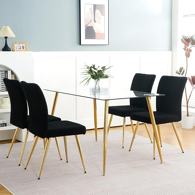 Modern Dining Chairs Set of 4, Side Dining Room Chairs with Gold Plated Metal Legs, Kitchen Chairs with Fabric Accent, Upholstered Chairs for Dining Room, Kitchen, Living Room, Black - LeafyLoom