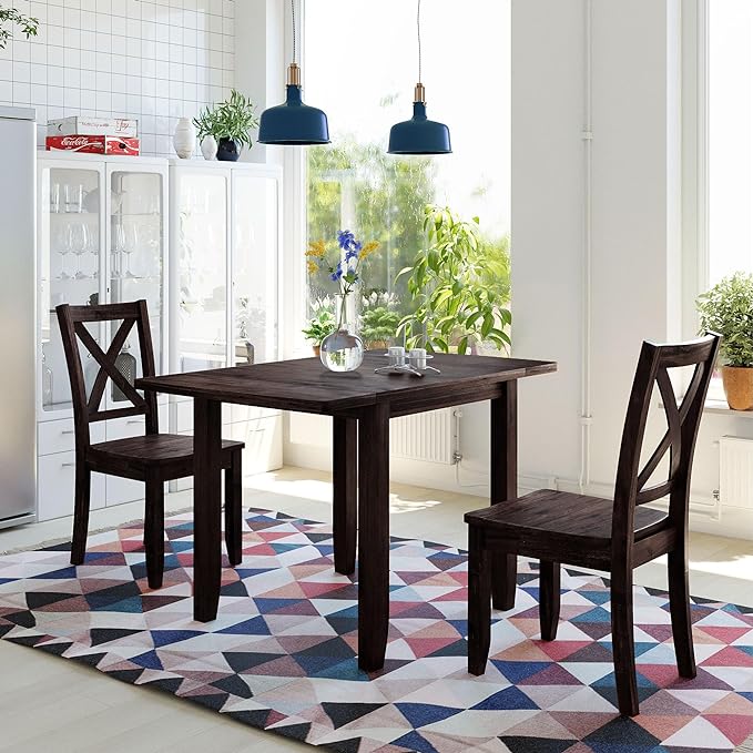 Farmhouse Style Wood Breakfast Nook 2 X-Back Chairs, Extendable Drop Leaf Design & Easy Assembly, Room, Kitchen, 3 Piece Dining Table Set, Espresso 32 - LeafyLoom