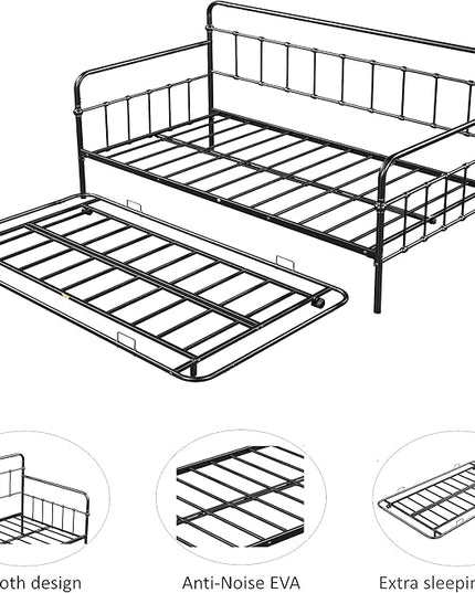 Twin Size Bed W/Slats,Metal Frame Daybed with Trundle and Anti-Noise Design,Space-Saving & Easy to Install,for Living Room Bedroom Apartment,Black - LeafyLoom