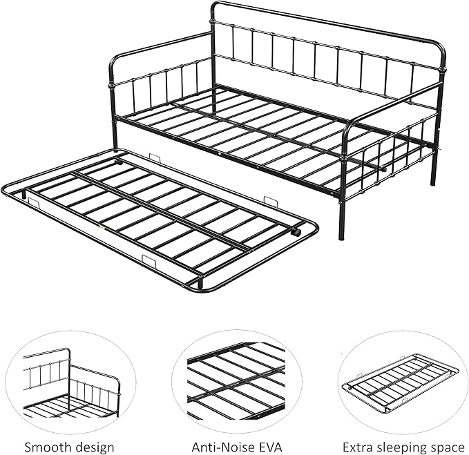 Twin Size Bed W/Slats,Metal Frame Daybed with Trundle and Anti-Noise Design,Space-Saving & Easy to Install,for Living Room Bedroom Apartment,Black - LeafyLoom