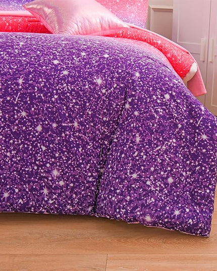 A Nice Night Girls Comforter Set Full 6 Piece Bed in A Bag 3D Colorful Sparkle Galaxy Rainbow Bedding Comforter Sheet Sets for Kids,RedPurple - LeafyLoom