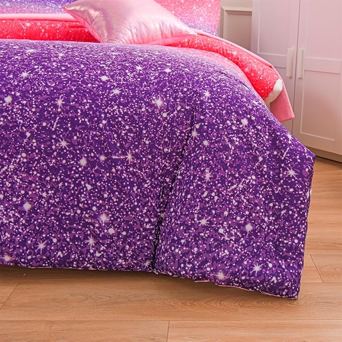 A Nice Night Girls Comforter Set Full 6 Piece Bed in A Bag 3D Colorful Sparkle Galaxy Rainbow Bedding Comforter Sheet Sets for Kids,RedPurple - LeafyLoom