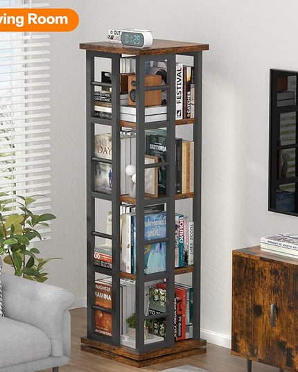 EasyCom Rotating Bookshelf with Metal Frame, 360 Display Wood Revolving Bookcase, 4-Tier Corner Bookshelf with Storage, Floor Standing Spinning Bookshelf for Living Room, Office, Brown - LeafyLoom