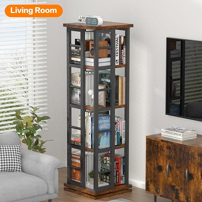 EasyCom Rotating Bookshelf with Metal Frame, 360 Display Wood Revolving Bookcase, 4-Tier Corner Bookshelf with Storage, Floor Standing Spinning Bookshelf for Living Room, Office, Brown - LeafyLoom
